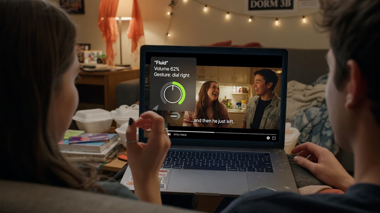Fluid showing a touchless volume gesture overlay on a laptop video.