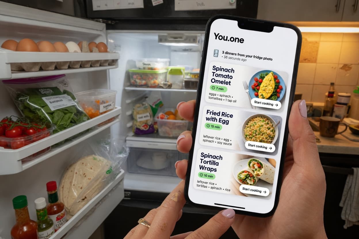 You.one showing dinner ideas from a fridge photo.